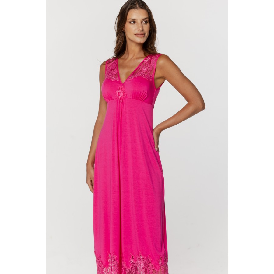 Longue chemise de nuit en micromodal manches courtes dentelle sur le decolleté, le dos et le bas de la robe Chemises de nuit - w