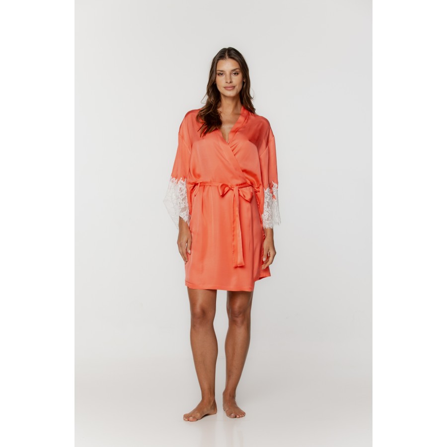 Déshabillé en viscose soyeux manches longues et dentelle sur les avant-bras Déshabillés - www.coemi-lingerie.com 