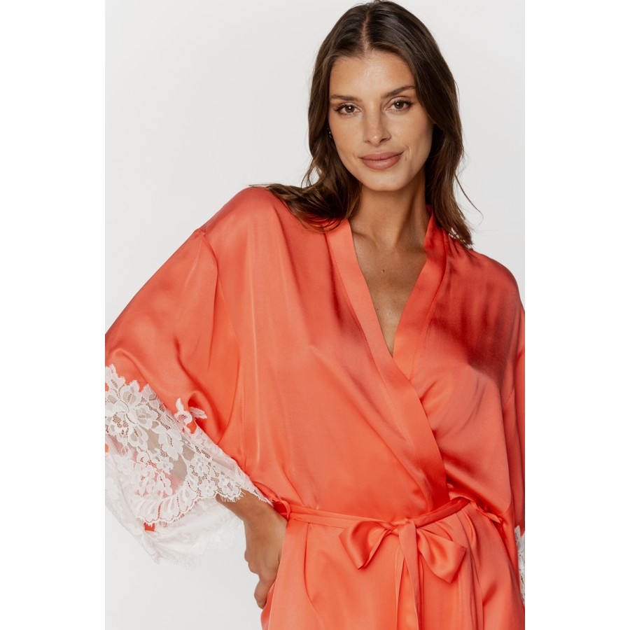 Déshabillé en viscose soyeux manches longues et dentelle sur les avant-bras Déshabillés - www.coemi-lingerie.com 