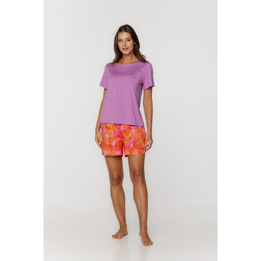 Pijama top liso micromodal short viscosa estampado floral violeta