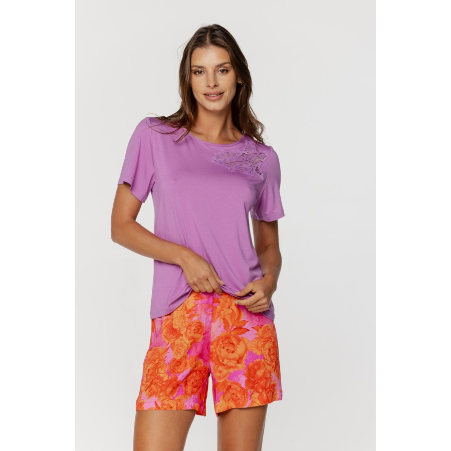 Pyjama-Set bestehend aus einem einfarbigen Oberteil aus Micromodal und einer bedruckten Shorts aus Viskose 3 - www.coemi-lingeri