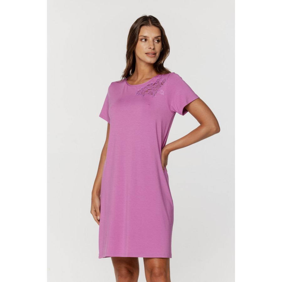 Chemise de nuit en micromodal style tee-shirt long manches courtes et dentelle sur le buste Chemises de nuit - www.coemi-lingeri
