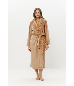 Maxi velour bathrobe shawl collar belt side pockets front view Coemi