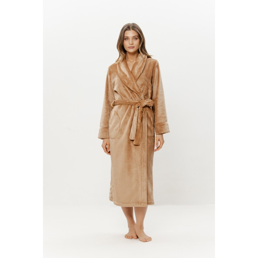 Maxi peignoir velours col châle ceinture et poches latérales COEMI vu de face