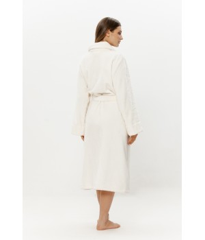 Shawl collar framing neck on velour bathrobe front angle