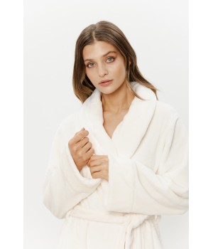 Back view full-length velour robe hem level at calf