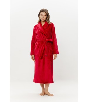 Hem stitch detail on calf-length velour bathrobe bottom edge