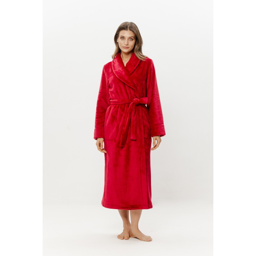 Hem stitch detail on calf-length velour bathrobe bottom edge