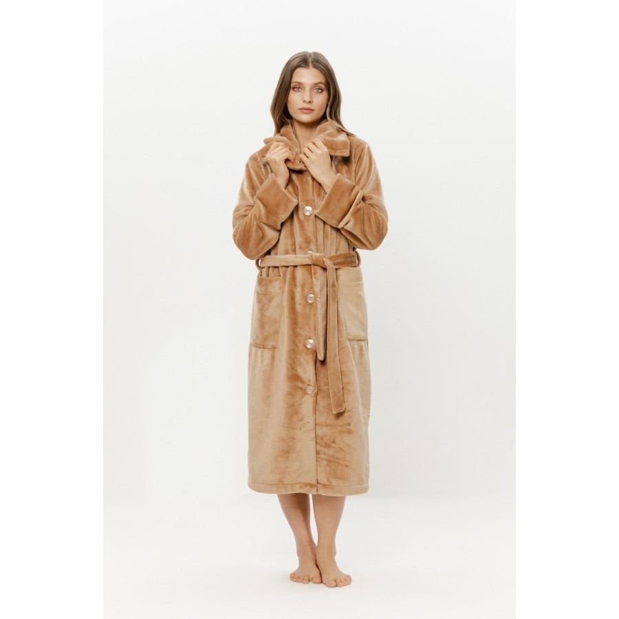 Maxi peignoir velours boutonné devant avec large col plat et ceinture