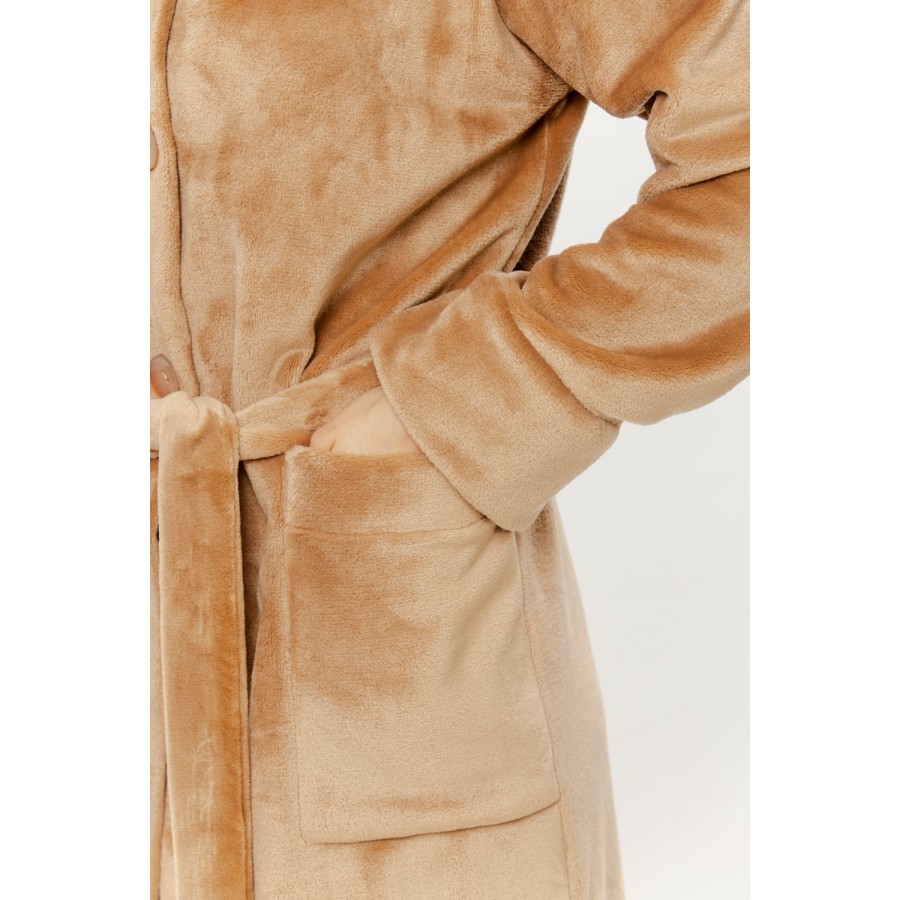 Back view full-length velour robe self-fabric waist belt