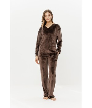 Velours-Loungewear-Set mit V-Ausschnitt und gerader Hose frontal
