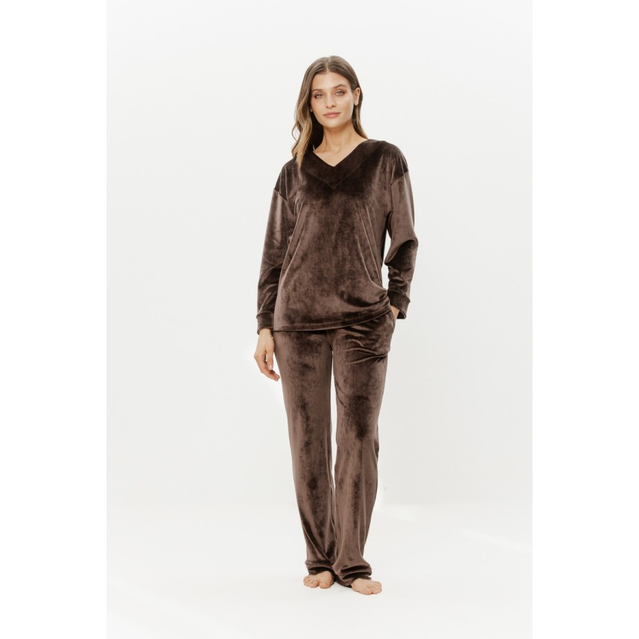 Velours-Loungewear-Set mit V-Ausschnitt und gerader Hose frontal