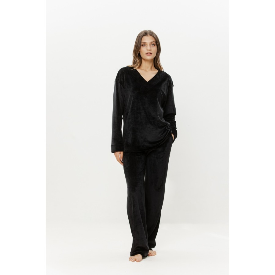 Velours-Loungewear-Set mit V-Ausschnitt und gerader Hose frontal