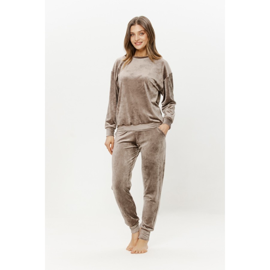 Soft velour loungewear set long-sleeved top and cuffed trousers front view