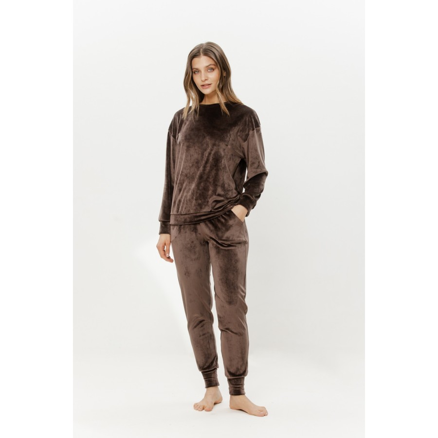 Soft velour loungewear set long-sleeved top and cuffed trousers front view