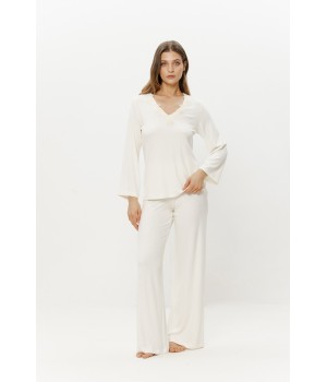 Pyjama-Set Viskose V-Ausschnitt Spitzenbesatz 3/4-Ärmel fließende Hose Vorderansicht