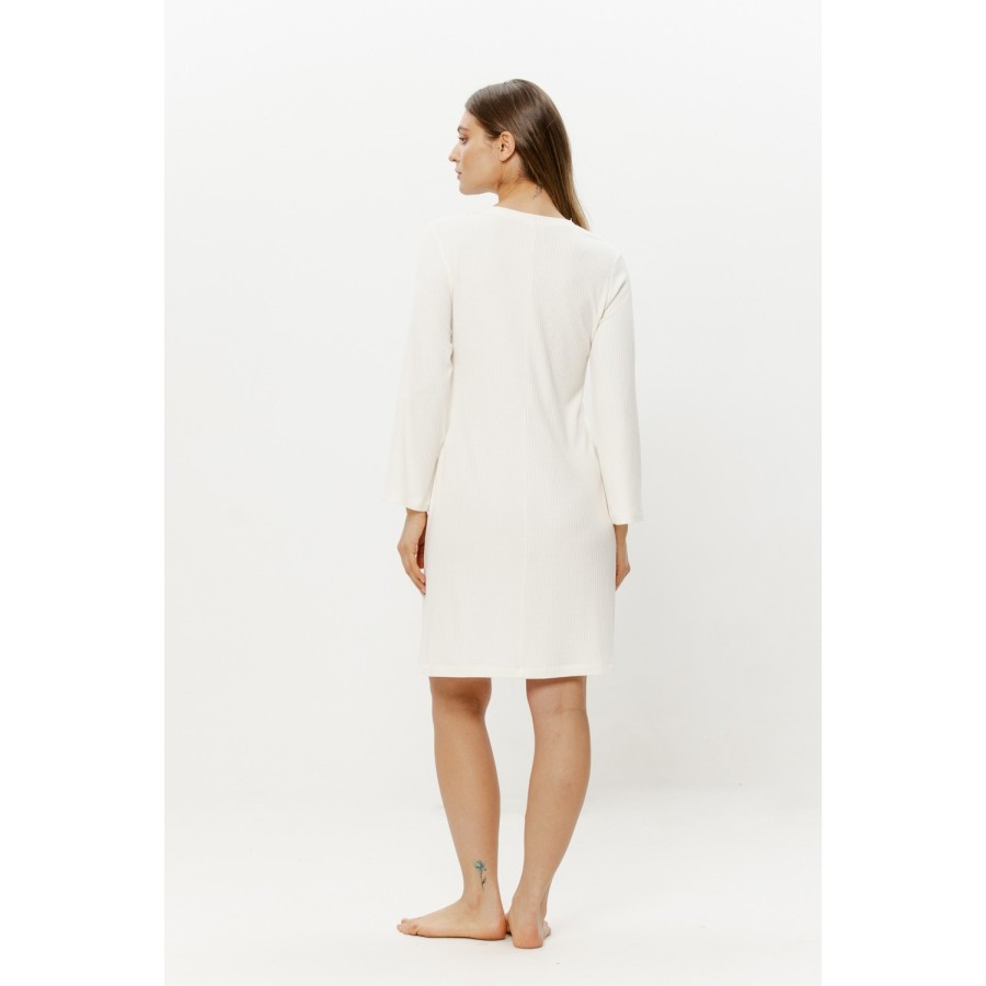 Rear view of straight-cut white viscose nightgown showing mirrored lace V-back