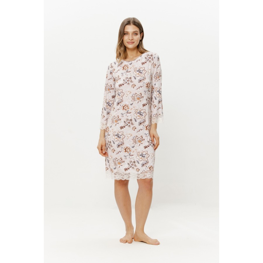 Detail of lace trim on 3/4 sleeve floral nightgown Coemi