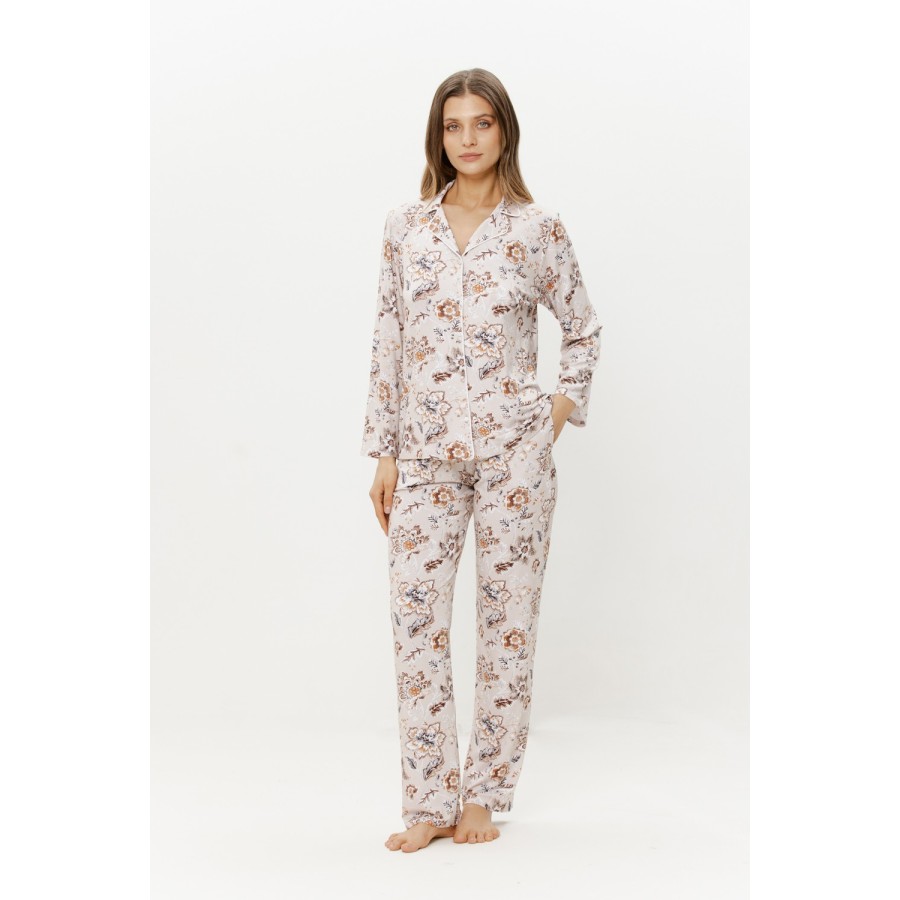 Pyjama-Set Micromodal Blumenmuster Hemd-Stil fließende Hose Vorderansicht
