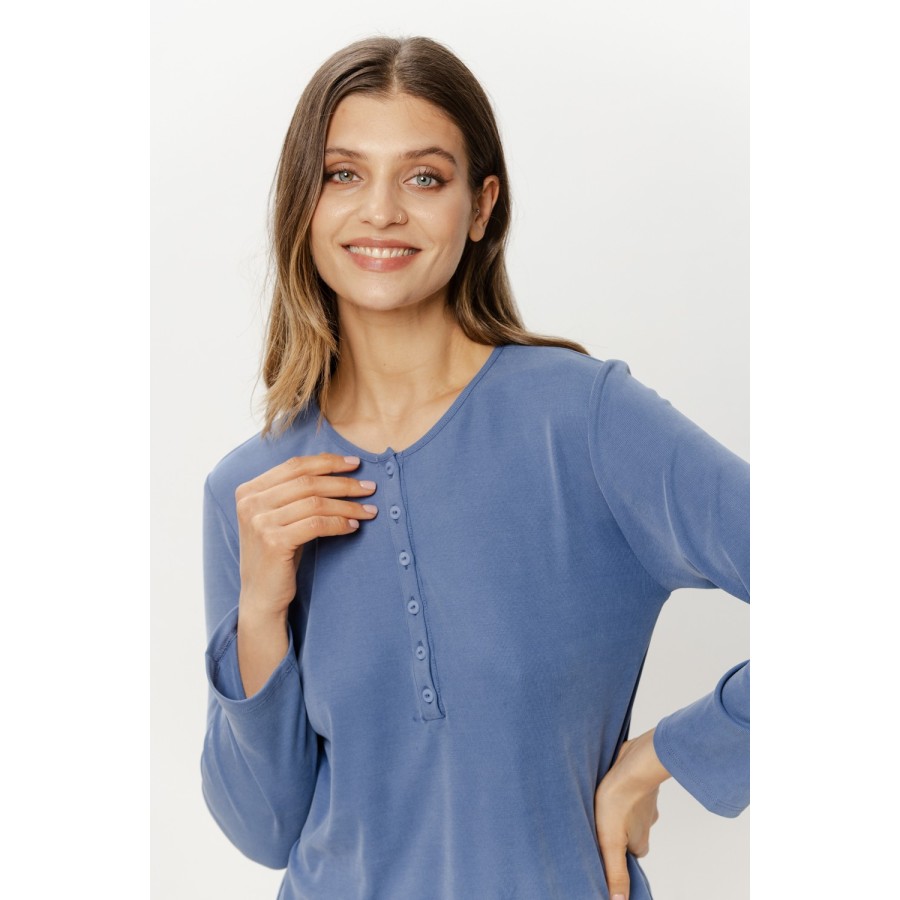 Detail of five-button placket on long-sleeve viscose pajama top, Coemi