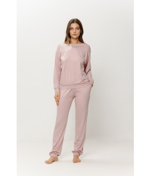 Fitted viscose pajama set with lace chest panel and gathered ankle cuffs in beige