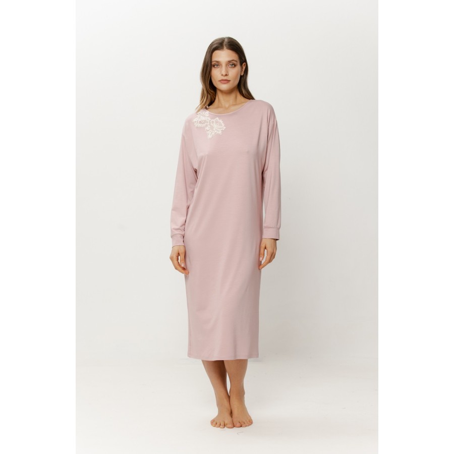 Beige long viscose nightgown with lace bodice panel and long sleeves, front view