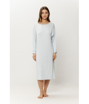 Close-up of lace panel and round neck on Micromodal nightgown