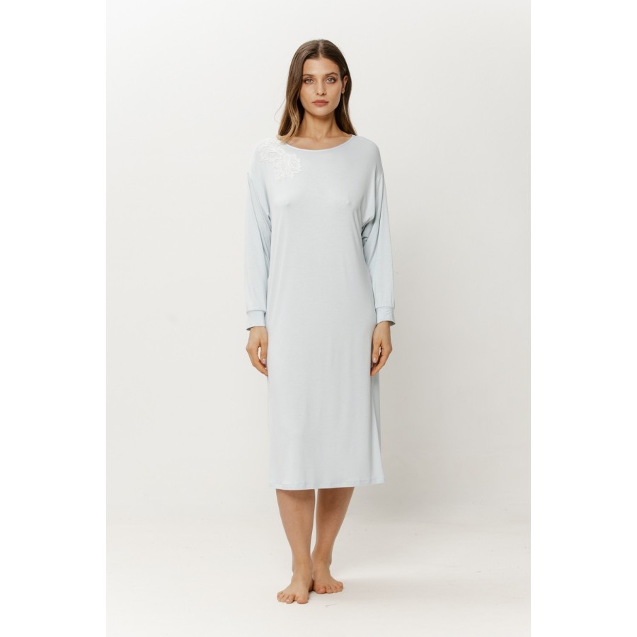 Close-up of lace panel and round neck on Micromodal nightgown