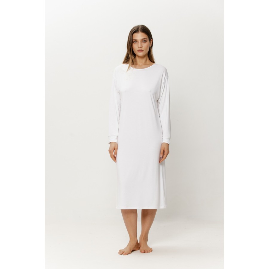 Close-up of lace panel and round neck on Micromodal nightgown