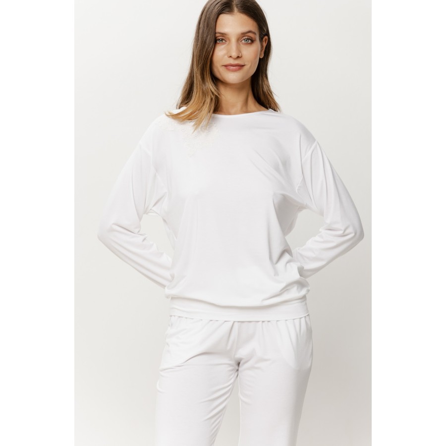 Alternative angle of micromodal lace-top pajama set with flowy trousers