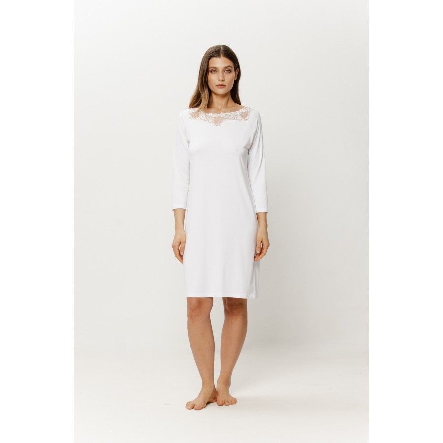 Chemise de nuit micromodal blanc col bateau dentelle, manches 3/4 devant