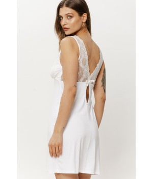 Detail of lace V-back with small bow on micromodal chemise
