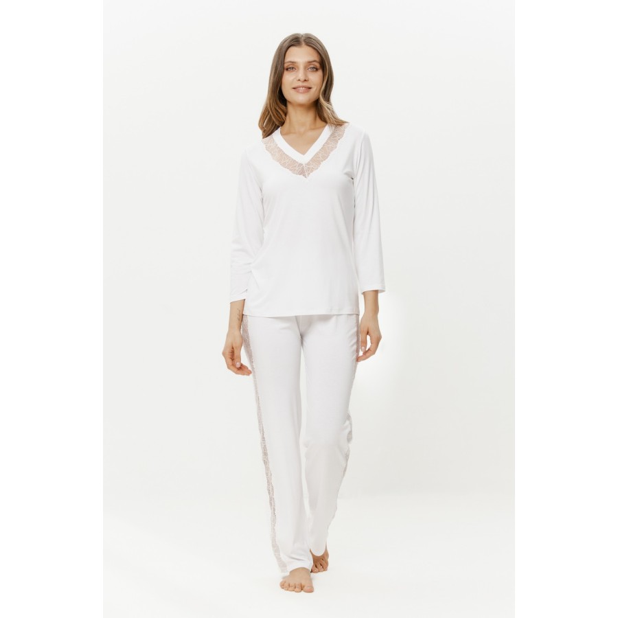 Conjunto pijama micromodal blanco camiseta manga tres cuartos encaje escote V