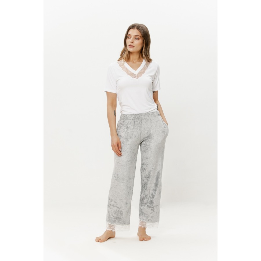 Pyjamahose Viskose Samtoptik 3/4 Spitze Grau Vorderansicht