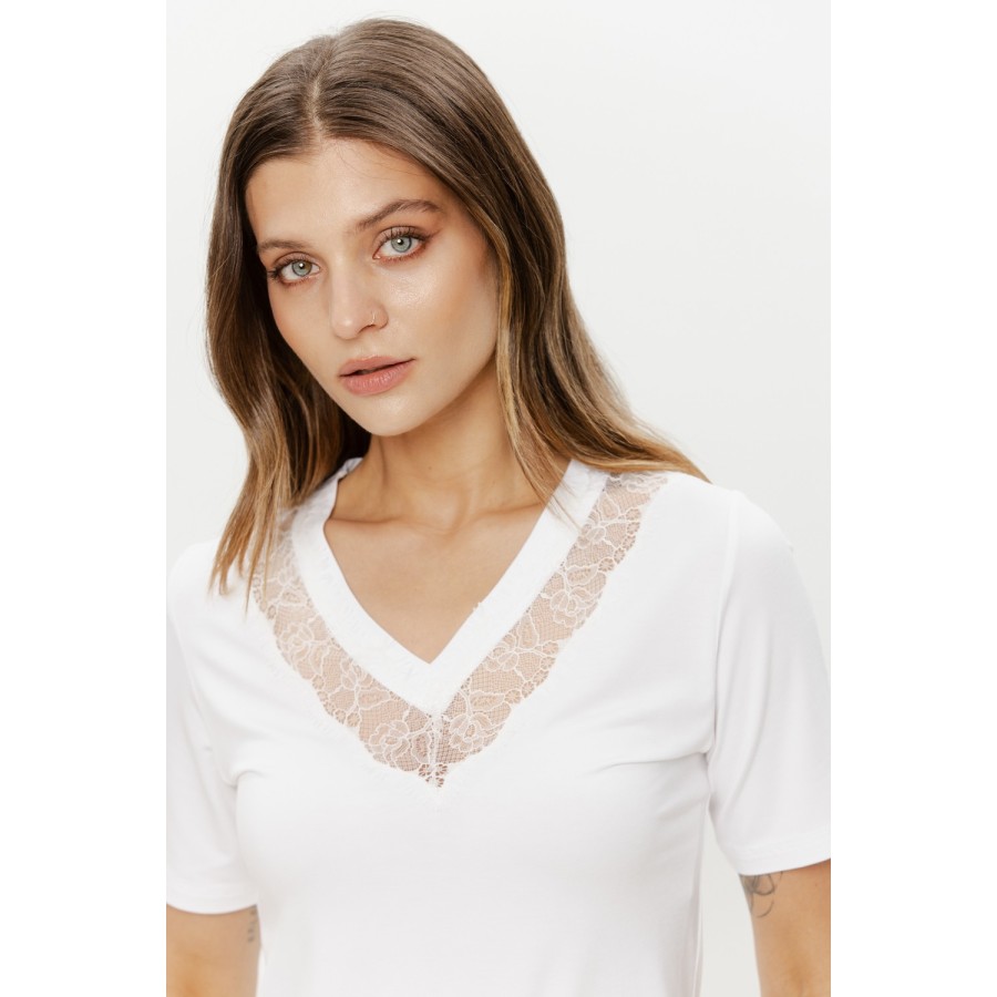 Rückseite T-Shirt Micromodal Elastan Spitze Weiss Loungewear Damen COEMI