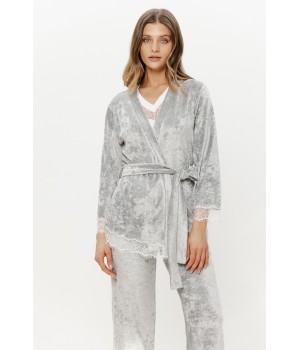 Graue Viskose-Strickjacke mit Gürtel und Spitzenbesatz