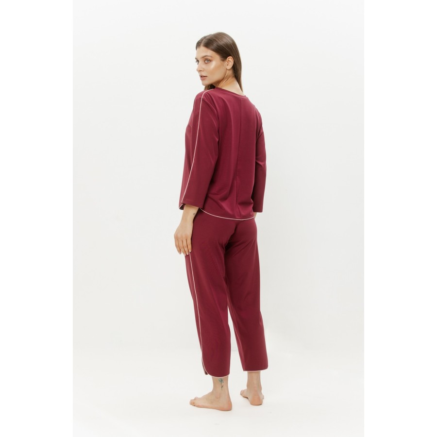 Détail dos tee-shirt pyjama Rouge col rond, tombé ajusté en rayonne et nylon