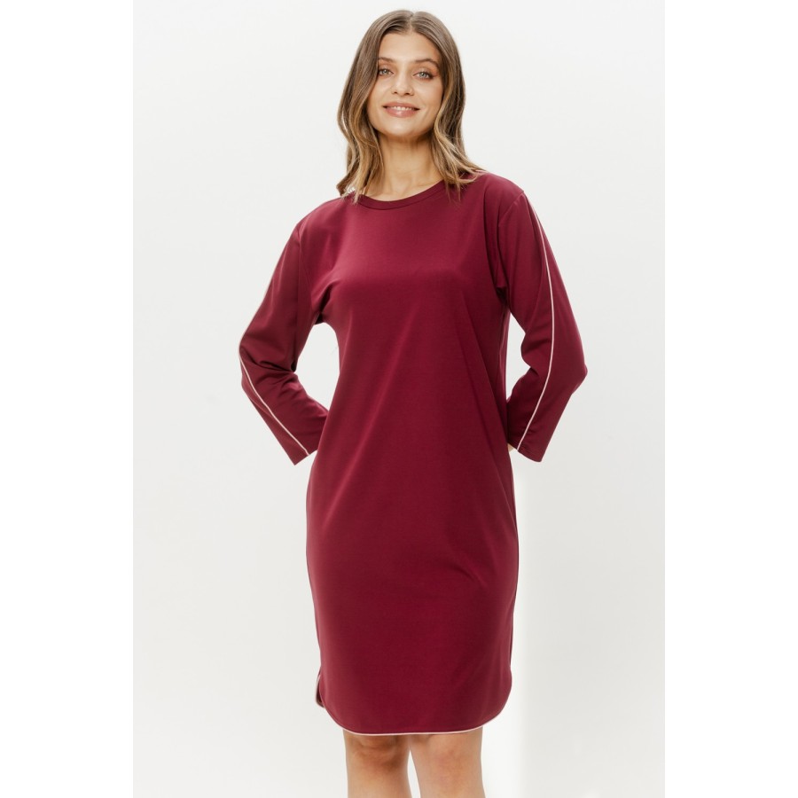 Red rayon nylon shirt-style nightgown with 3/4 sleeves and piping detail, front view