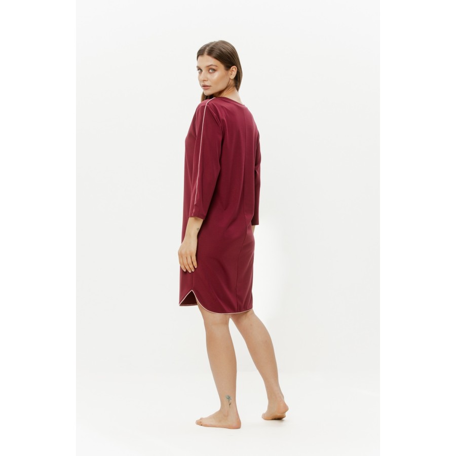Grey shirt-style nightgown in rayon nylon, 3/4 sleeves with piped cuffs, side angle