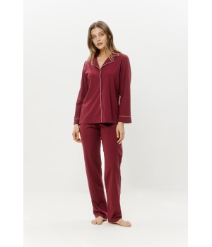 Rayon and nylon pajama set featuring a shirt-style top and straight-leg, fluid trousers