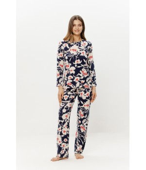 Pyjama-Set Viskose Blumenmuster schwarz-rot Langarm-Oberteil Hose gerades Bein vorne