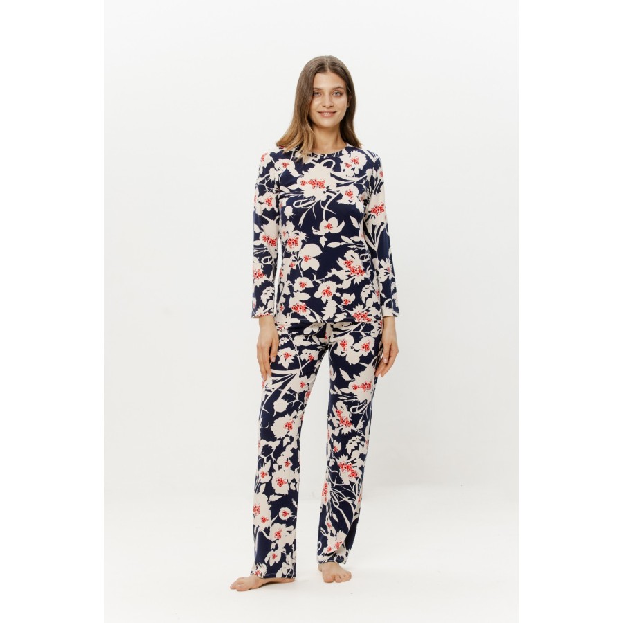 Pyjama-Set Viskose Blumenmuster schwarz-rot Langarm-Oberteil Hose gerades Bein vorne