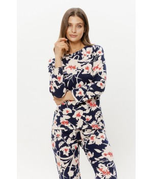 Pyjama-Set Viskose schwarz Blumenmuster rote Blüten Hose gerades Bein seitlich
