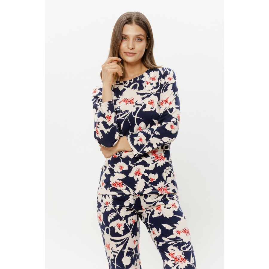 Pyjama-Set Viskose schwarz Blumenmuster rote Blüten Hose gerades Bein seitlich