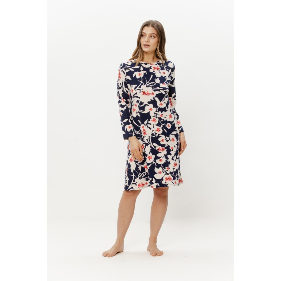 Camisón viscosa estampado floral rojo y blanco sobre fondo negro, manga larga y cuello redondo, vista frontal