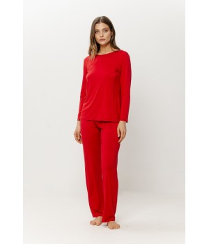 Ensemble pyjama micromodal rouge, tee-shirt et dentelle dos, pantalon droit, vue de face