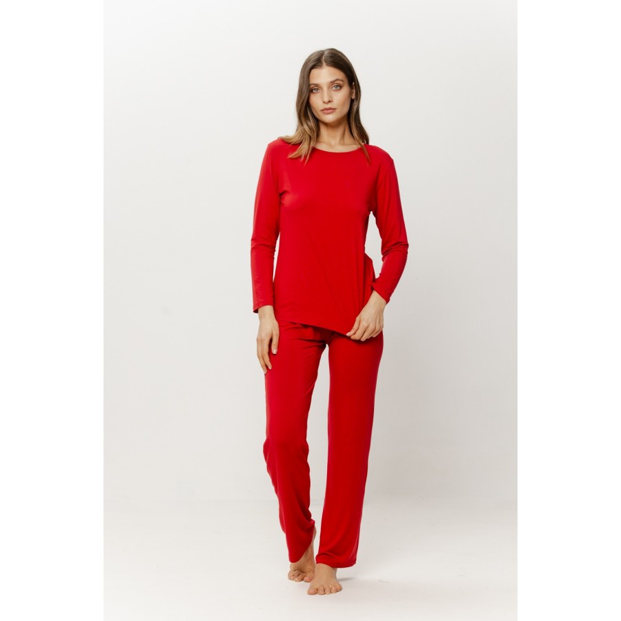 Pantalon droit fluide en micromodal rouge, coupe ajustée sur le bassin