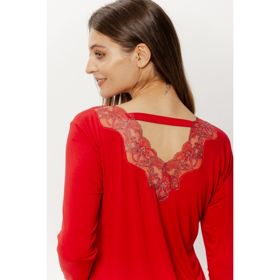 Seitenansicht Pyjama-Set Micromodal rot, Hose mit geradem Bein fließend fallend