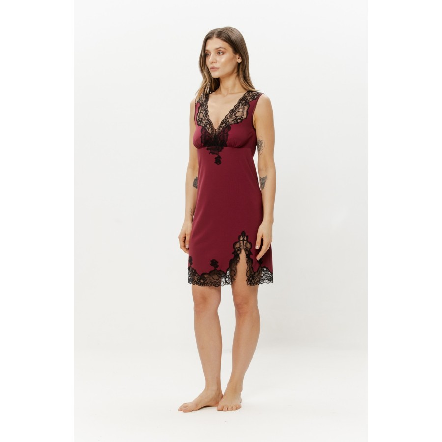 Red rayon nylon nightie with wide lace straps front view