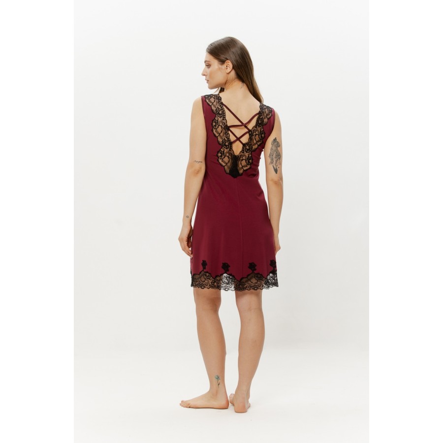 Back view of red nightie with lace across shoulders and hem